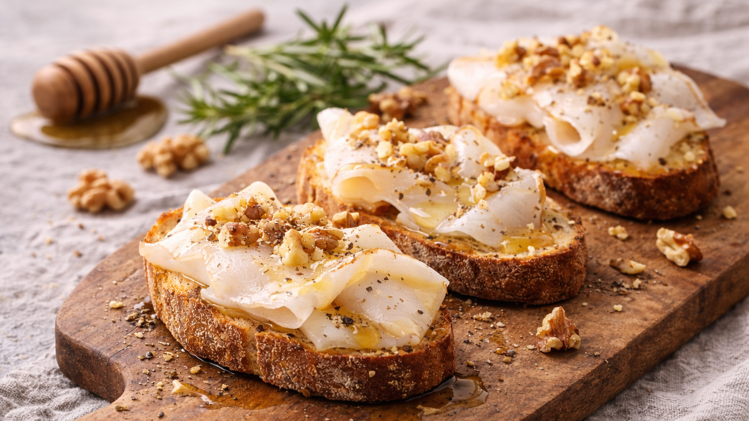 Bruschetta con Lardo, Miele di Castagno e Noci