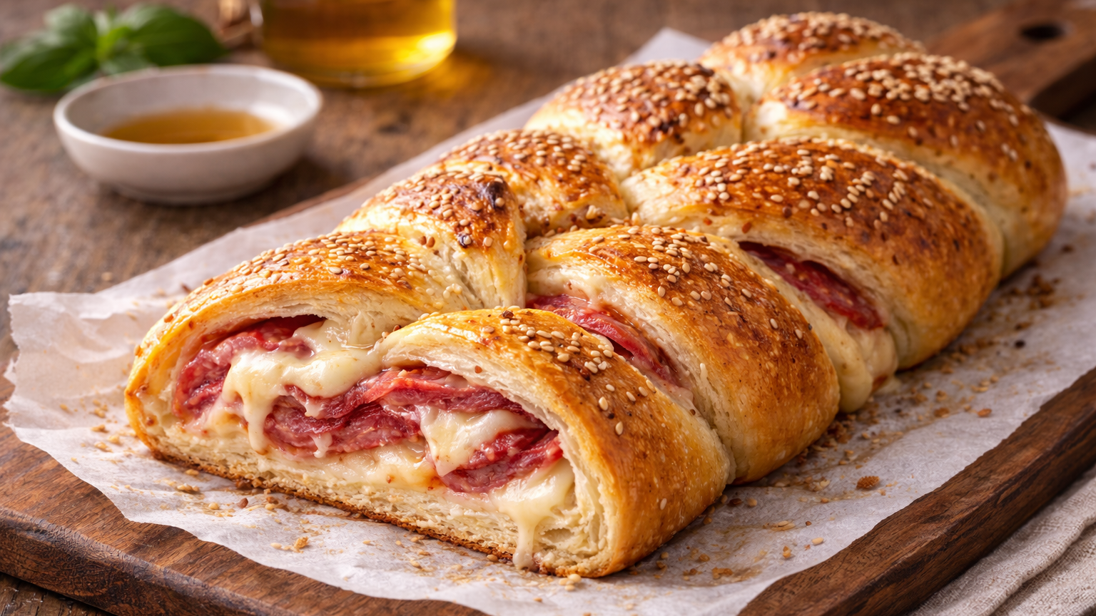 Treccia salata con salame paesano e formaggio
